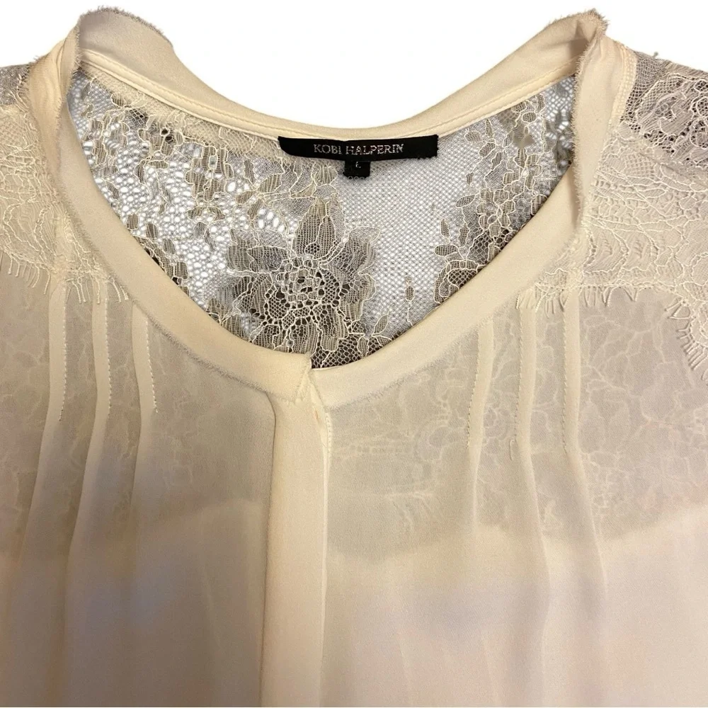 Kobi Halperin Valentina Balloon Sleeve Ivory Silk Blouse with Lace - Picture 3 of 14